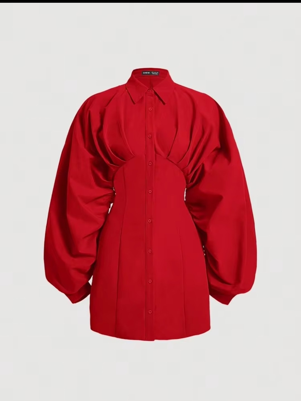Red Puff-Sleeve Button-Up Blouse
